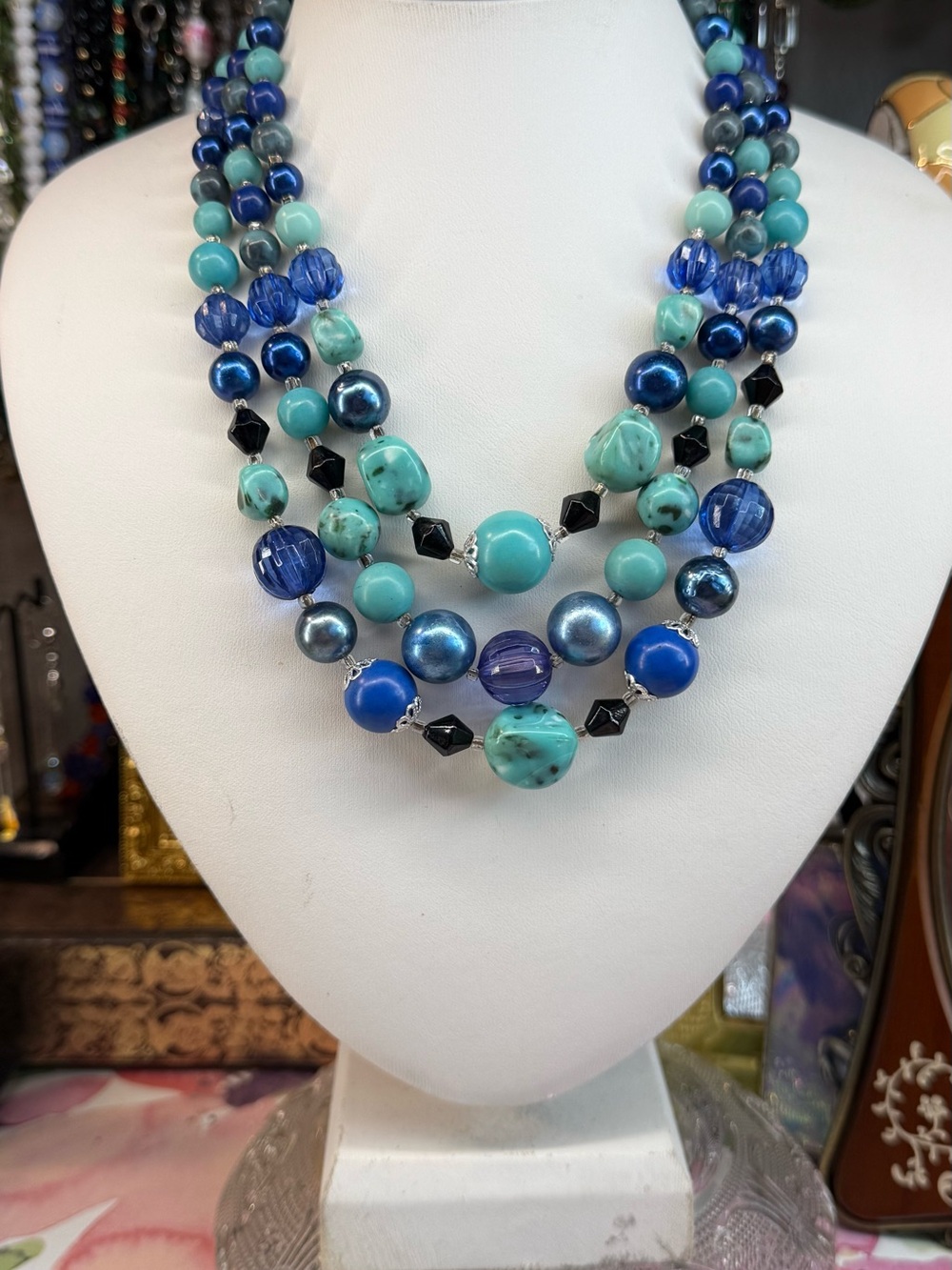 Vintage Japan Blue & Turquoise Multi-Strand Lucite Necklace -Jewelry
